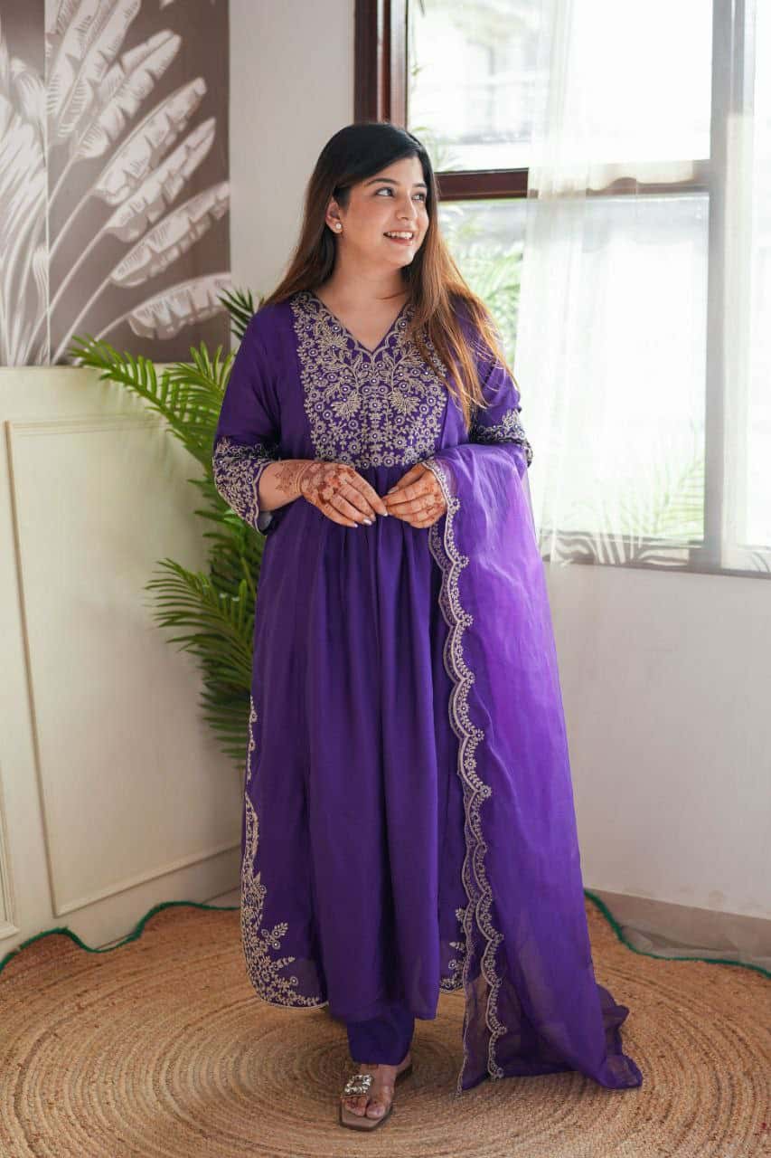 "Viscose Chanderi Kurti Set with Sequence Embroidery and Jaquard Dupatta"