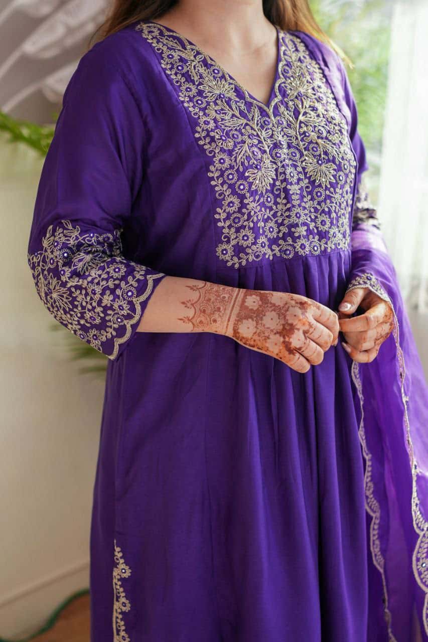 "Viscose Chanderi Kurti Set with Sequence Embroidery and Jaquard Dupatta"