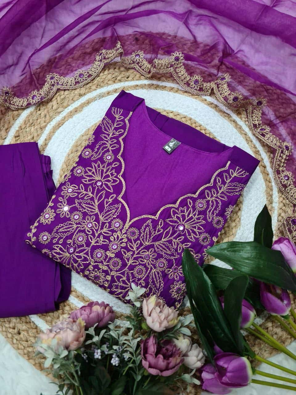 "Viscose Chanderi Kurti Set with Sequence Embroidery and Jaquard Dupatta"