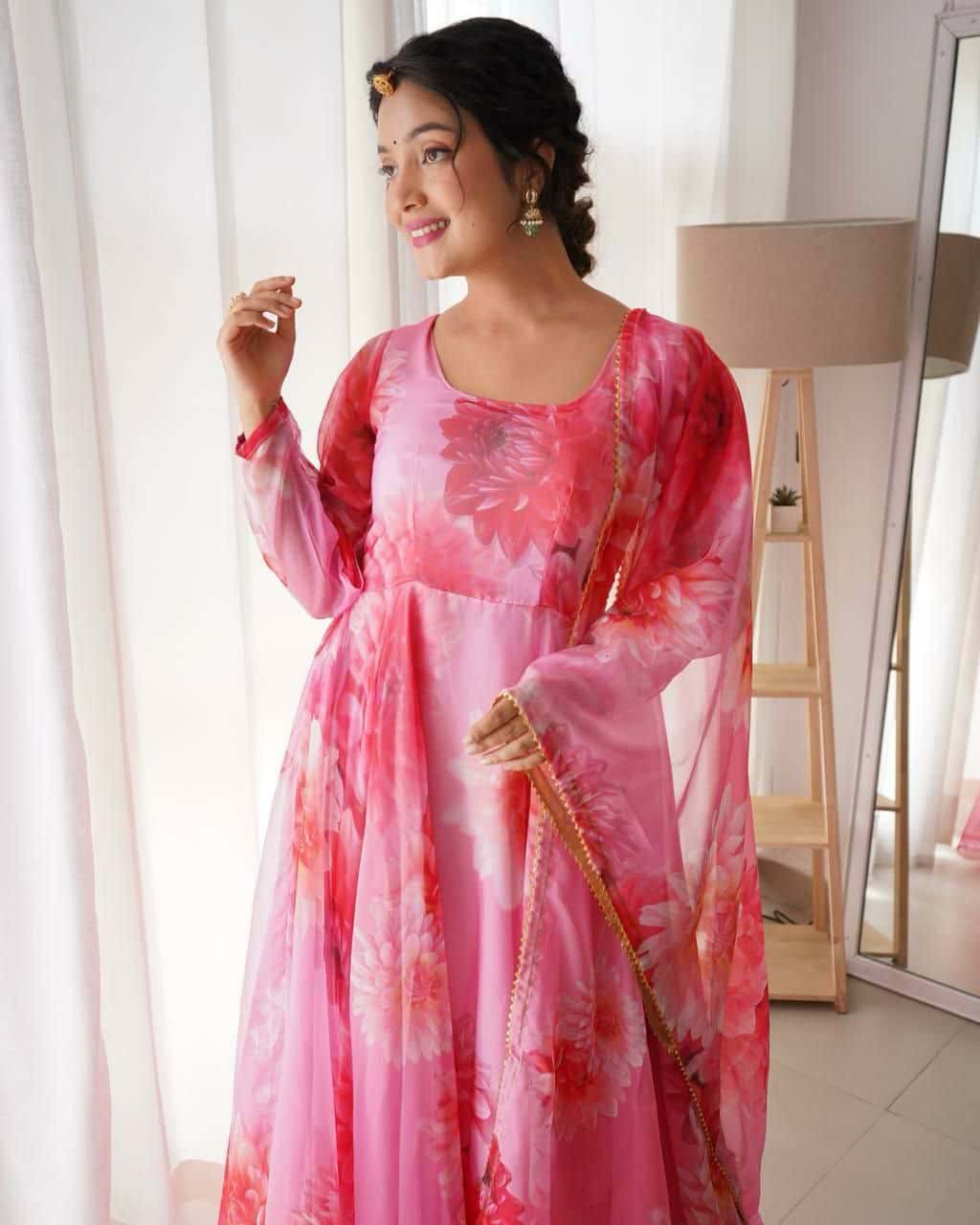 "Elegant Organza Taby Silk Gown with Digital Print, Handwork, and Golden Gotta Lace Border"
