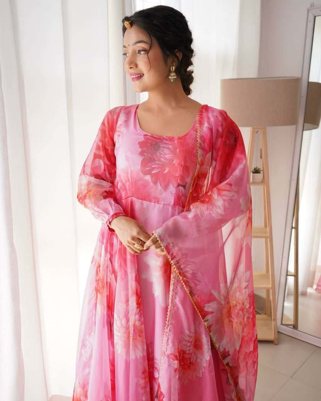 "Elegant Organza Taby Silk Gown with Digital Print, Handwork, and Golden Gotta Lace Border"