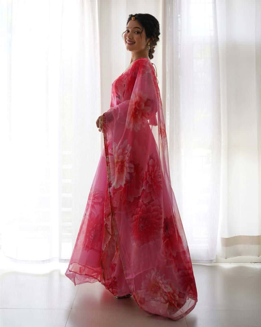 "Elegant Organza Taby Silk Gown with Digital Print, Handwork, and Golden Gotta Lace Border"