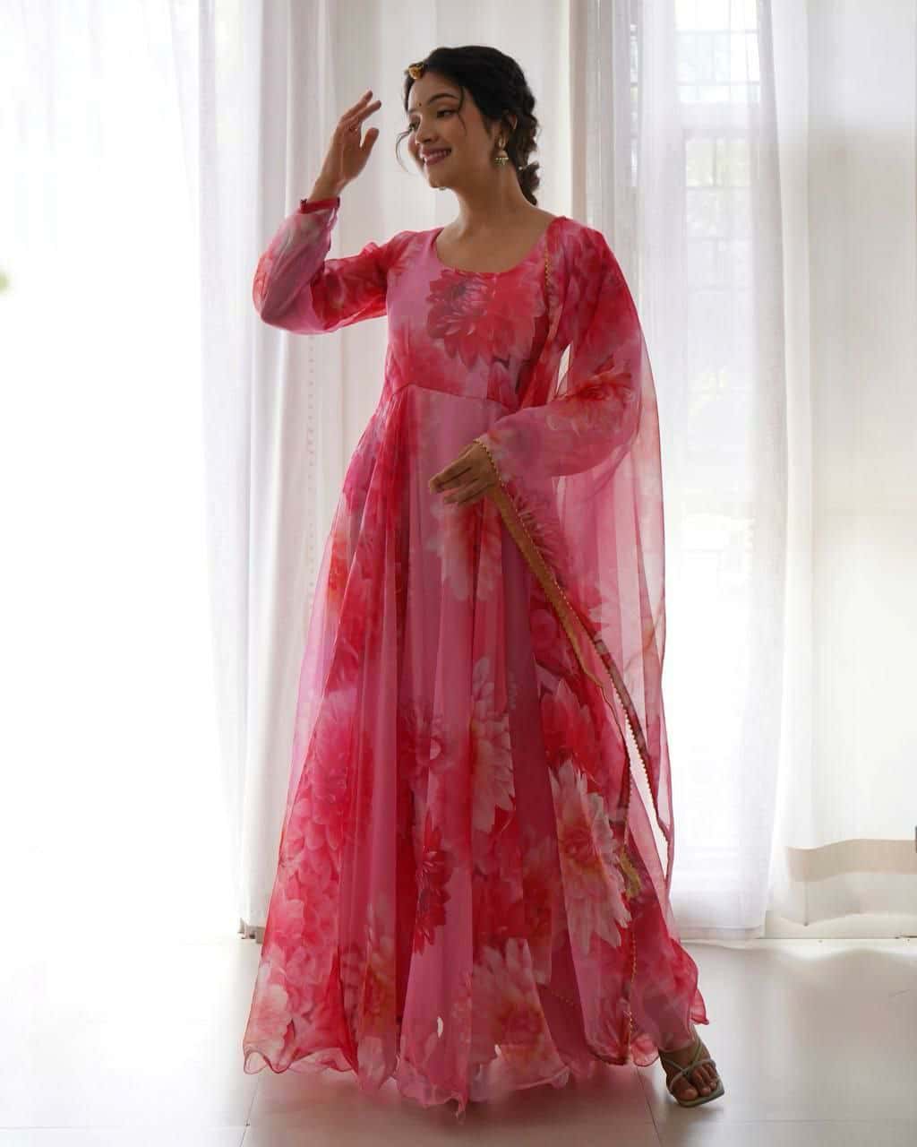 "Elegant Organza Taby Silk Gown with Digital Print, Handwork, and Golden Gotta Lace Border"