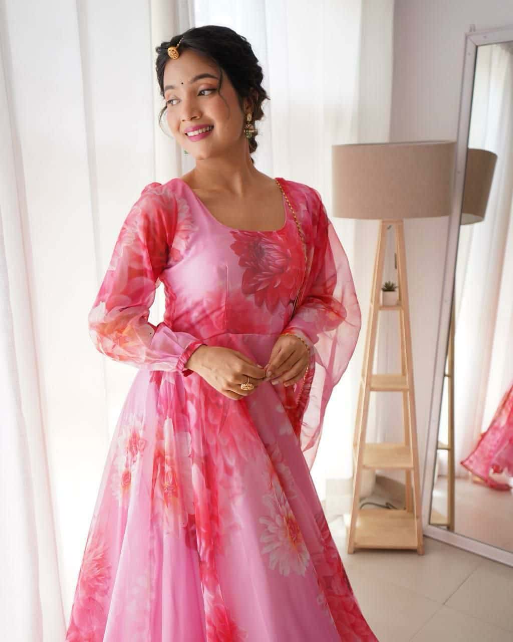"Elegant Organza Taby Silk Gown with Digital Print, Handwork, and Golden Gotta Lace Border"