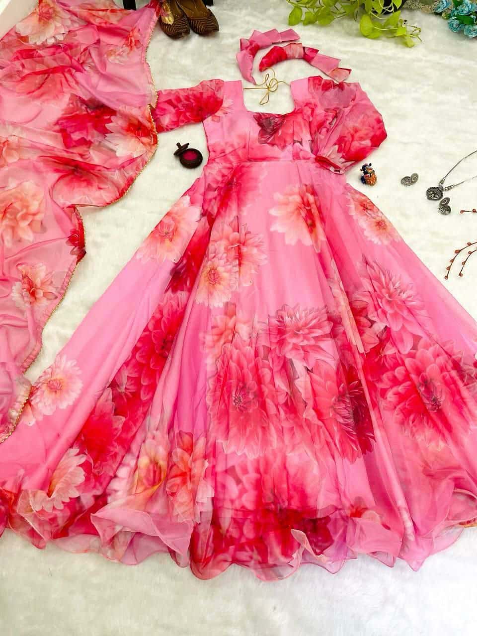 "Elegant Organza Taby Silk Gown with Digital Print, Handwork, and Golden Gotta Lace Border"