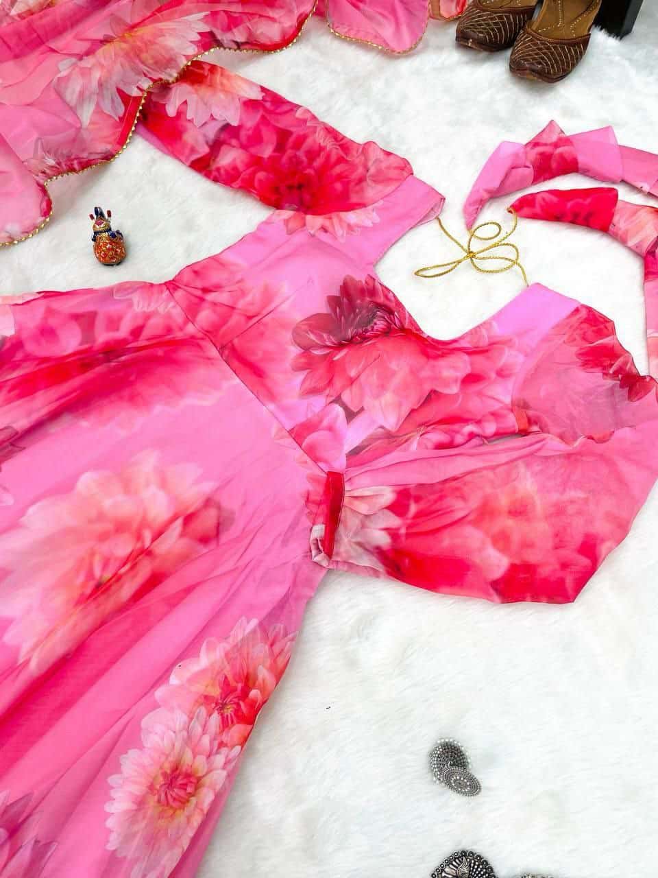"Elegant Organza Taby Silk Gown with Digital Print, Handwork, and Golden Gotta Lace Border"