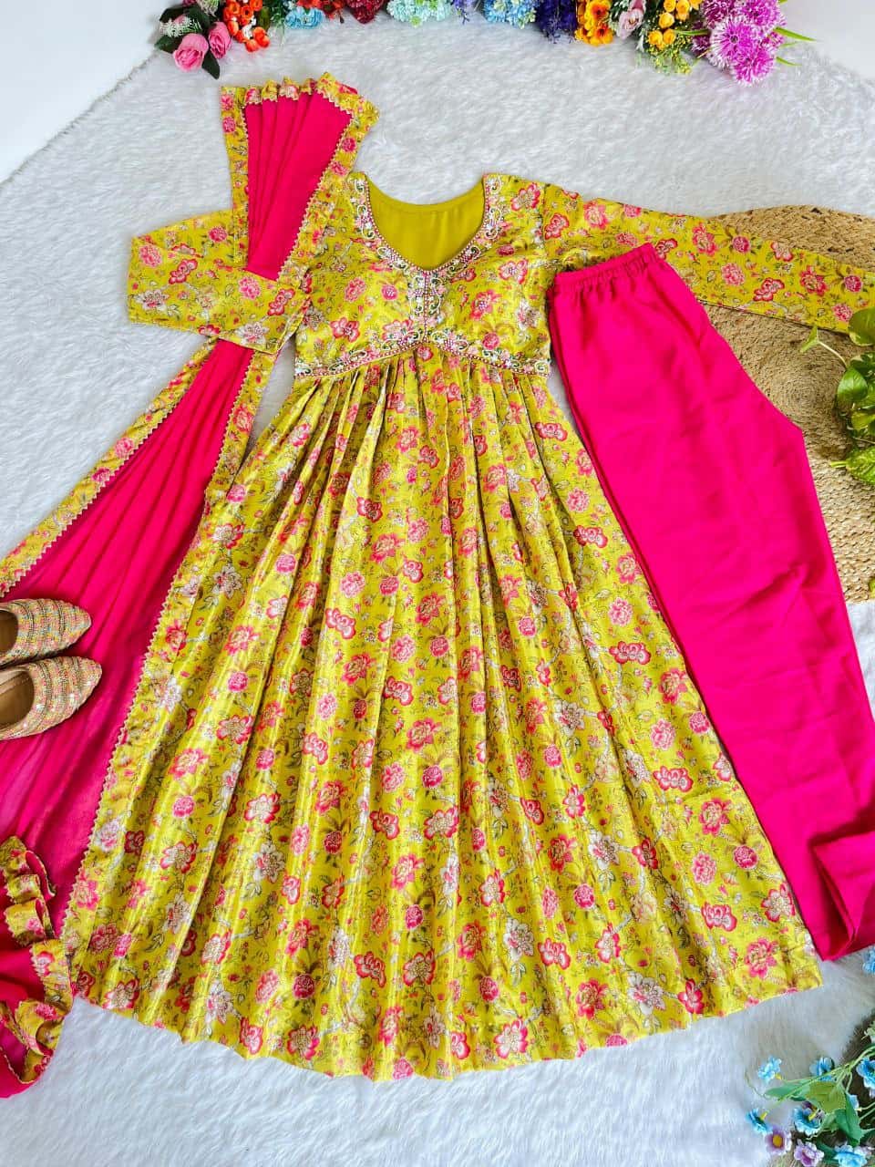 "Chinon Soft Fabric Dress with Stunning Digital Print, Hand Embroidery, and Matching Dupatta & Pant Set"