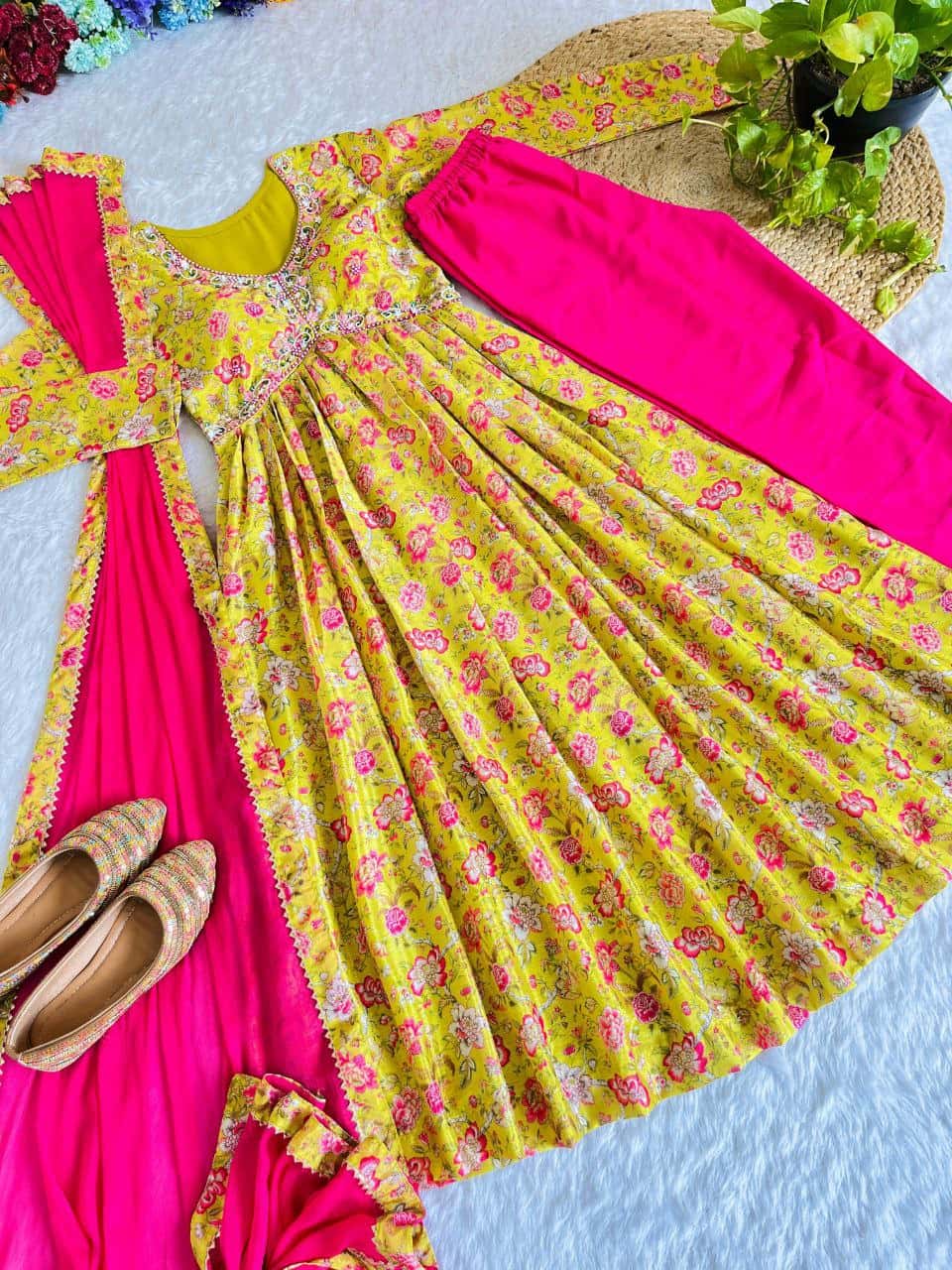 "Chinon Soft Fabric Dress with Stunning Digital Print, Hand Embroidery, and Matching Dupatta & Pant Set"