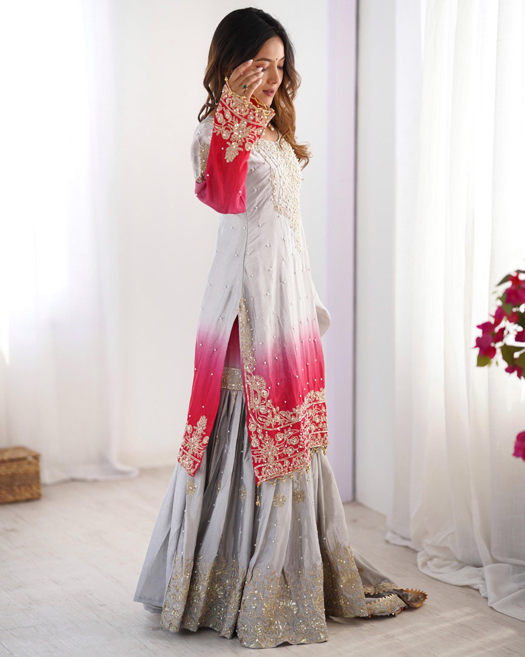 Designer silk kurta palazzo with dupatta set