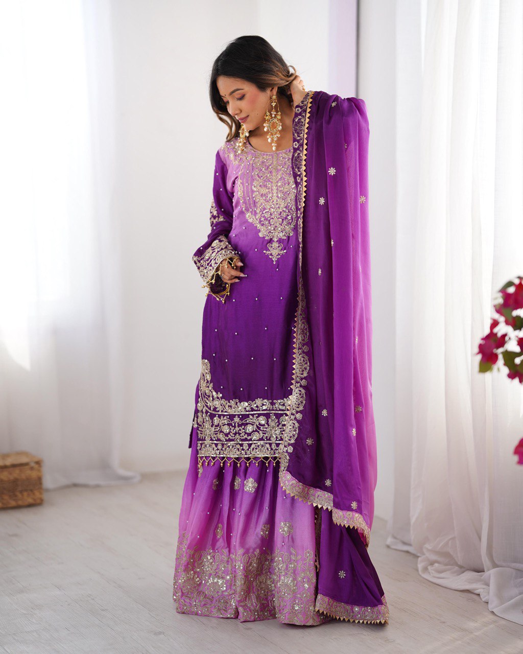 Designer silk kurta palazzo with dupatta set