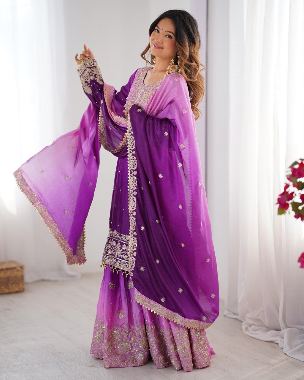 Designer silk kurta palazzo with dupatta set