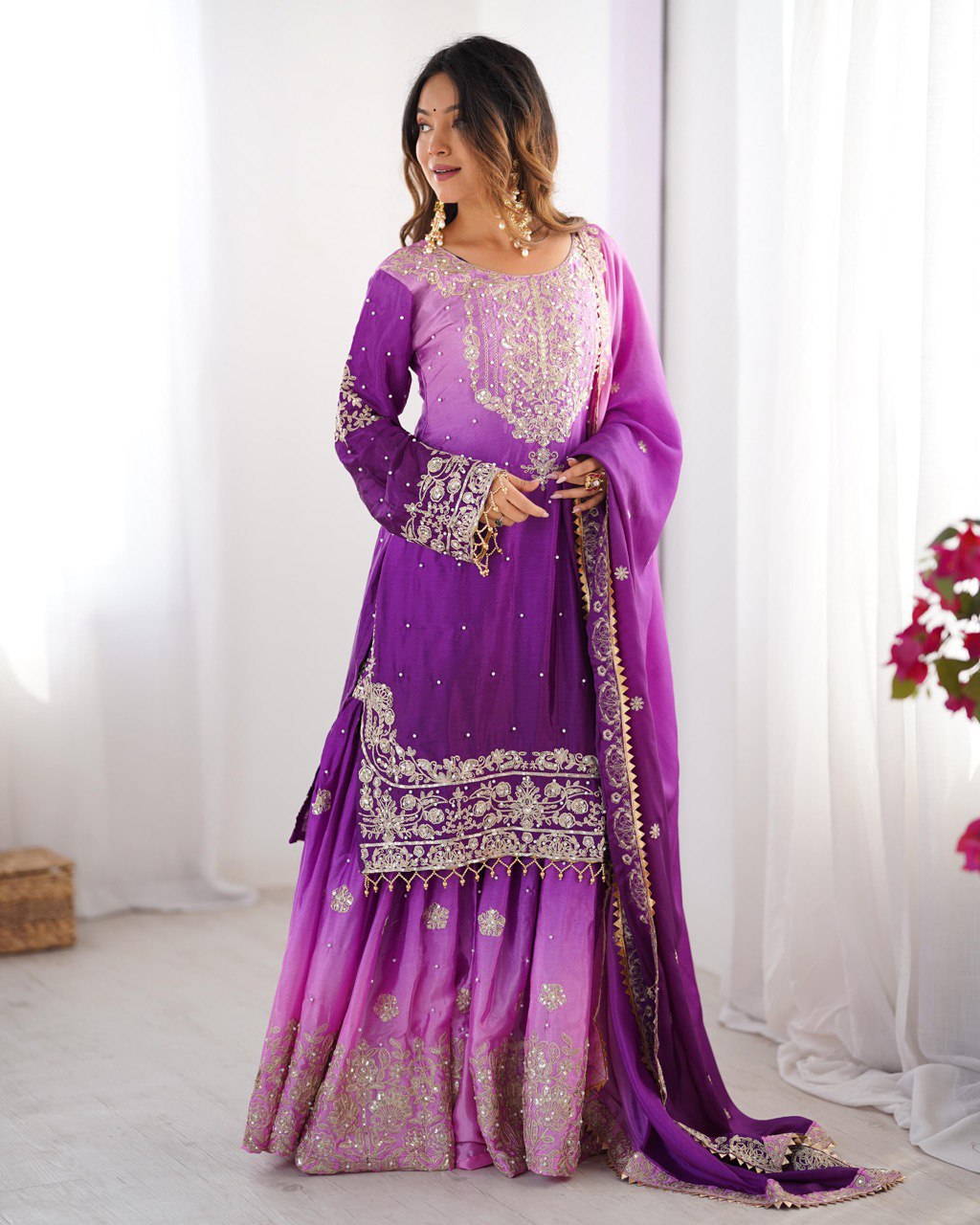 Designer silk kurta palazzo with dupatta set