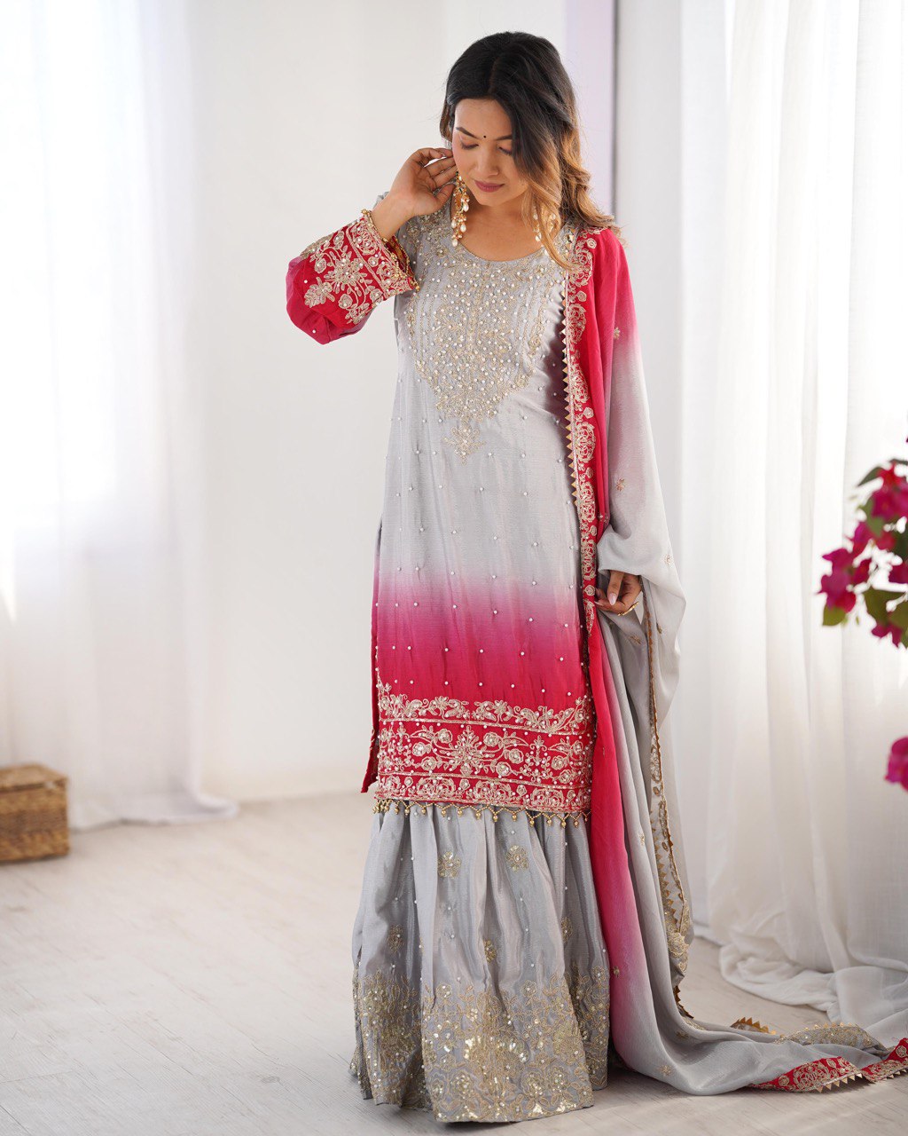 Designer silk kurta palazzo with dupatta set