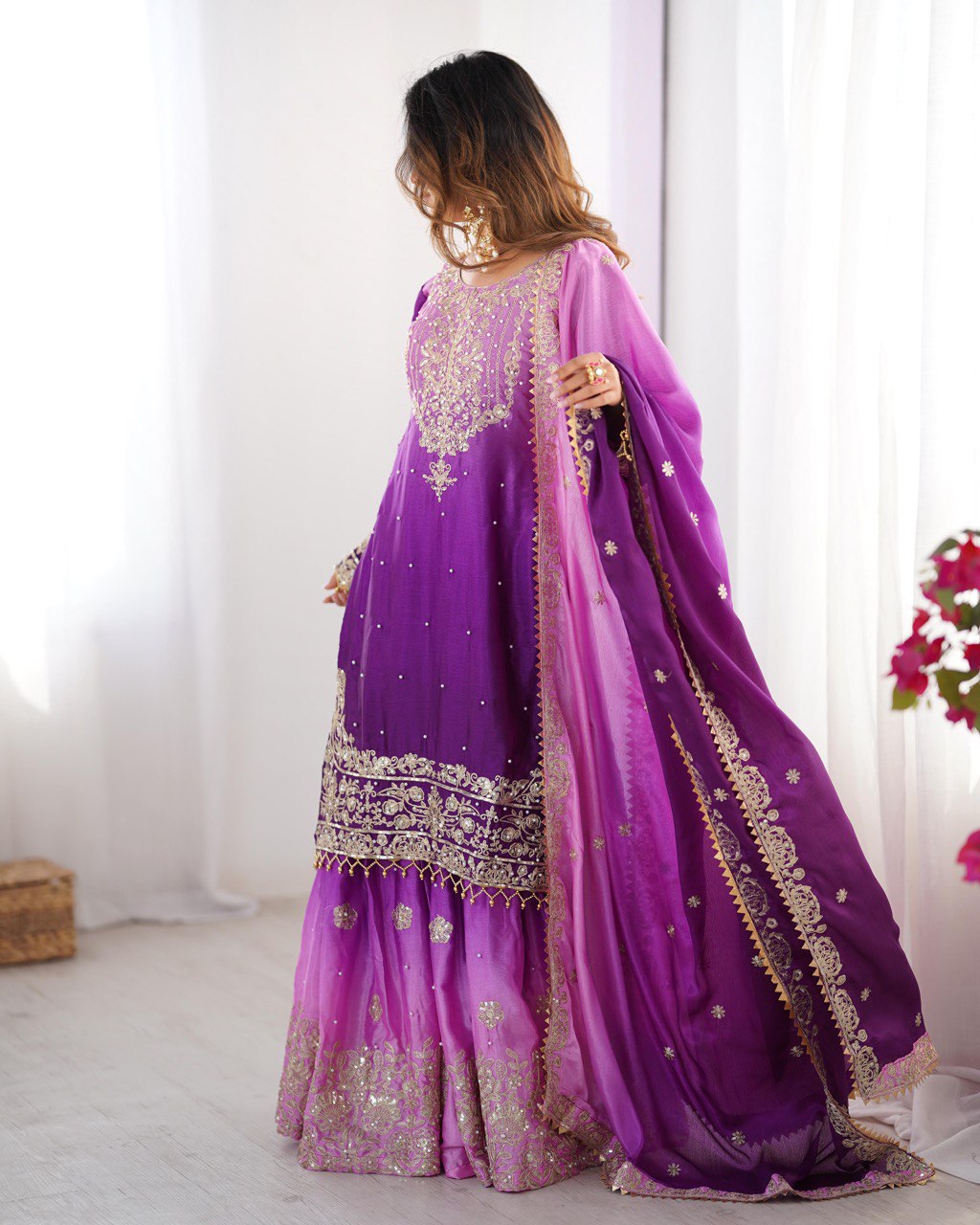Designer silk kurta palazzo with dupatta set