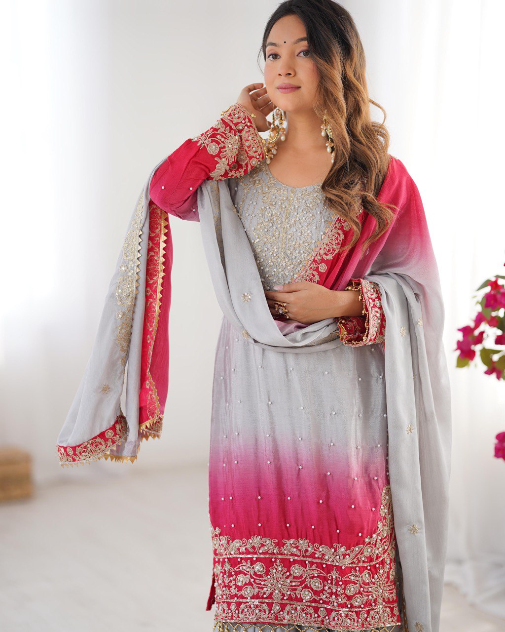 Designer silk kurta palazzo with dupatta set