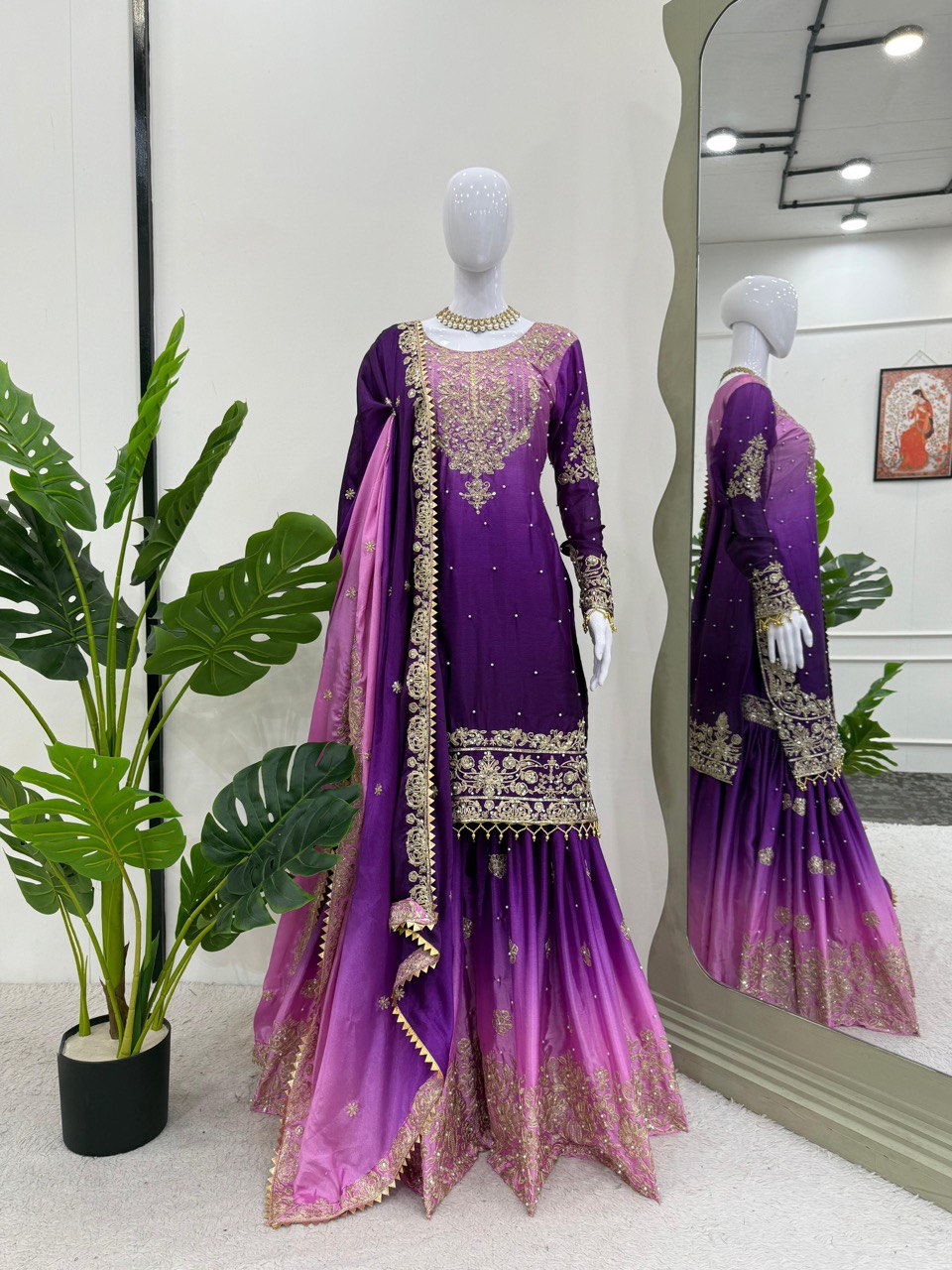 Designer silk kurta palazzo with dupatta set