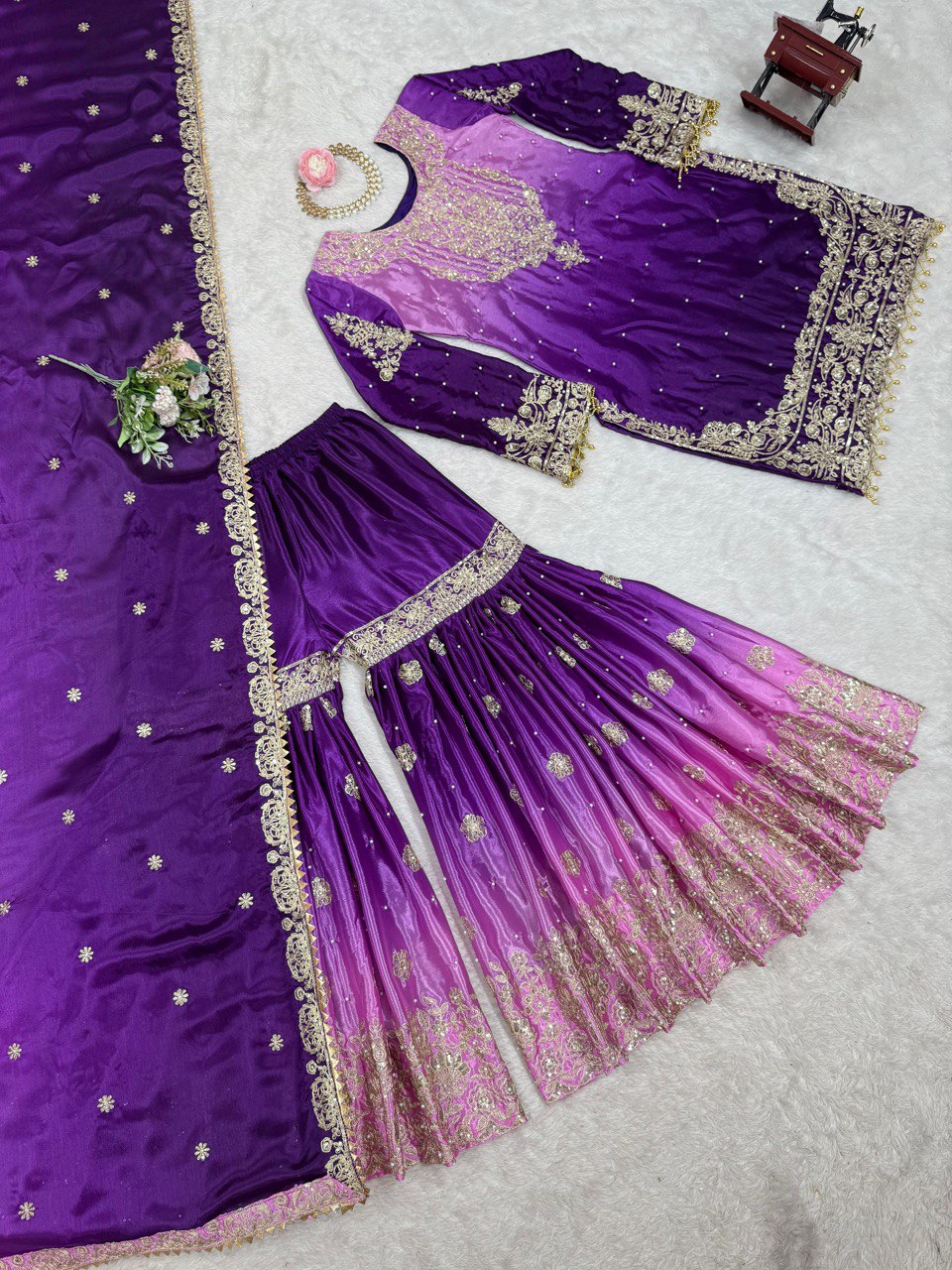 Designer silk kurta palazzo with dupatta set