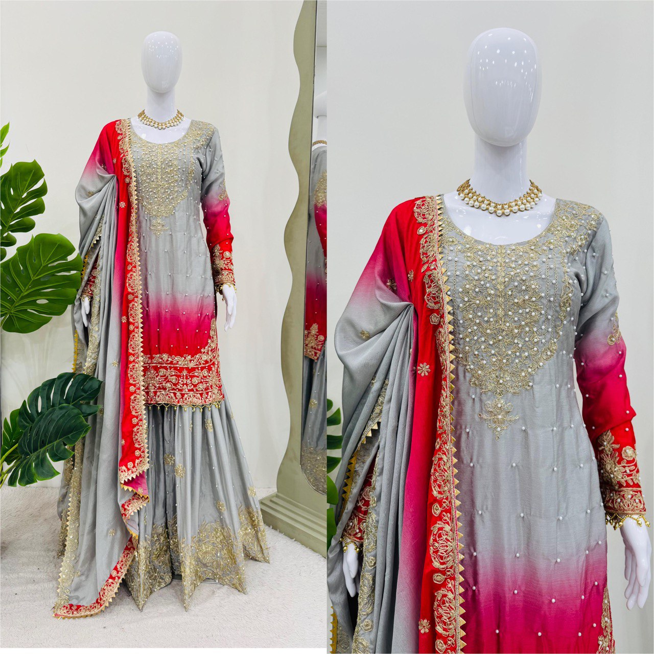 Designer silk kurta palazzo with dupatta set