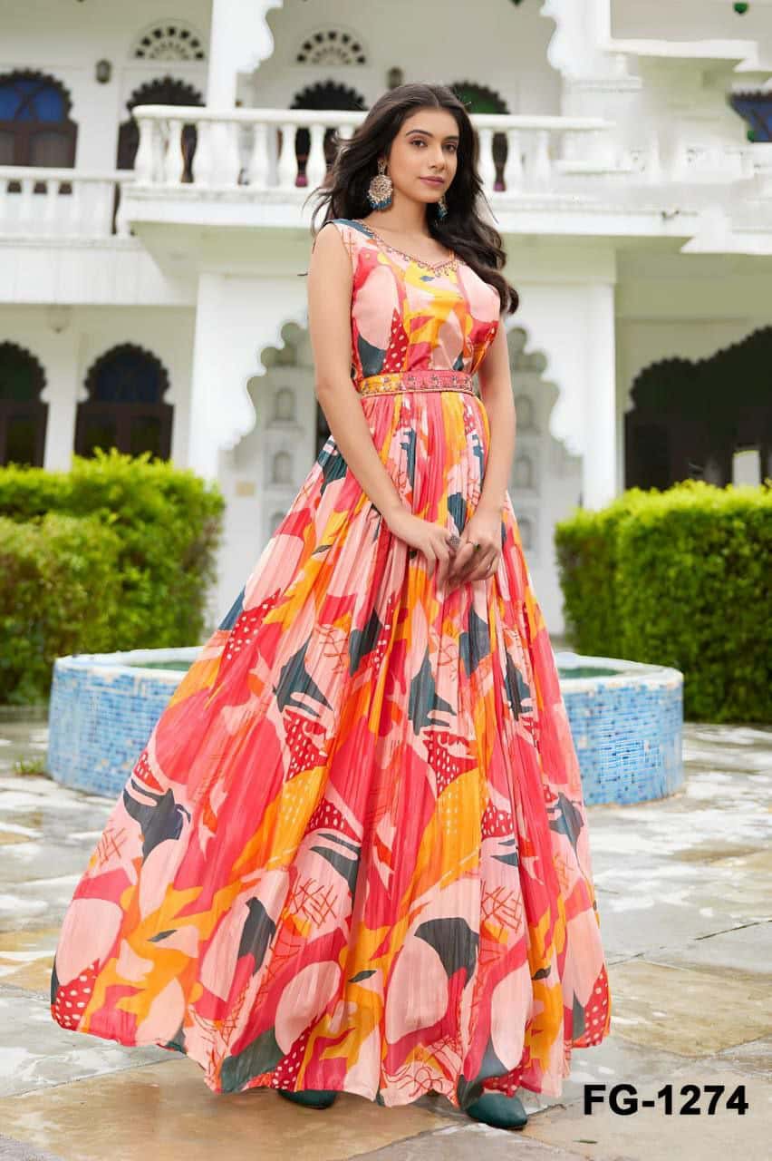 "Heavy Digital Printed Chinon Anarkali with Mirror & Embroidered Work – Fully Stitched, Flared Design"
