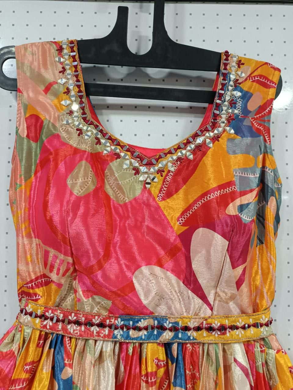 "Heavy Digital Printed Chinon Anarkali with Mirror & Embroidered Work – Fully Stitched, Flared Design"