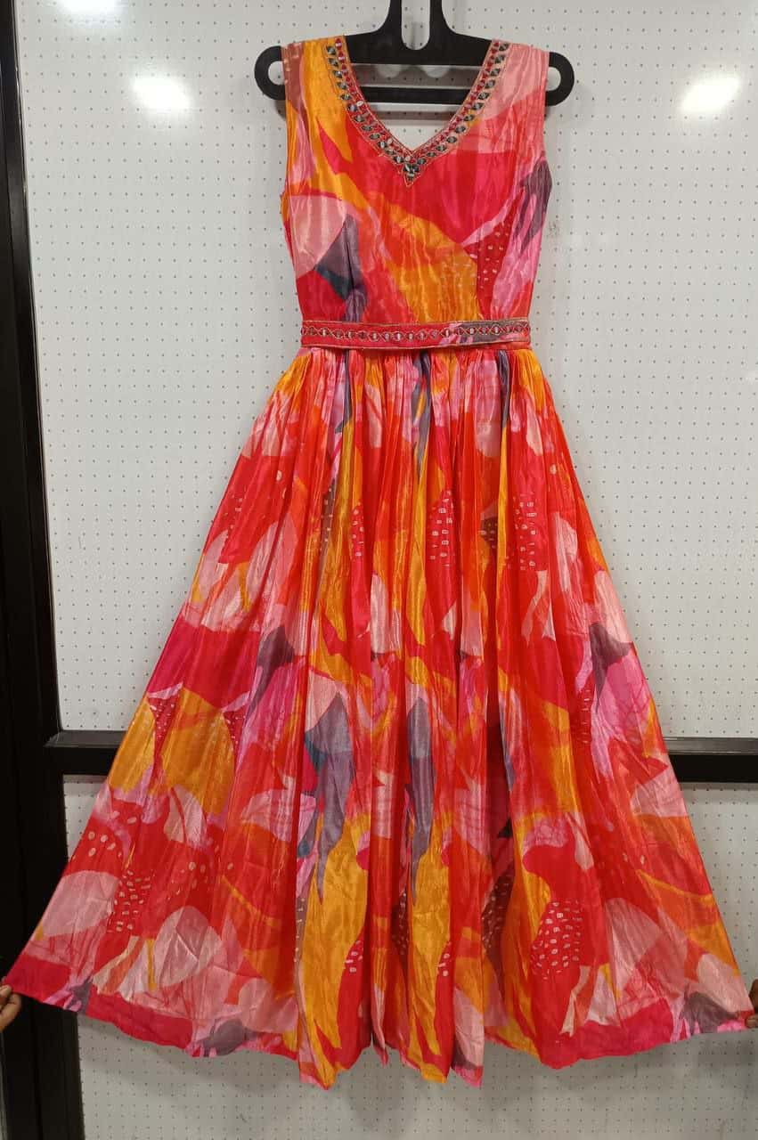 "Heavy Digital Printed Chinon Anarkali with Mirror & Embroidered Work – Fully Stitched, Flared Design"