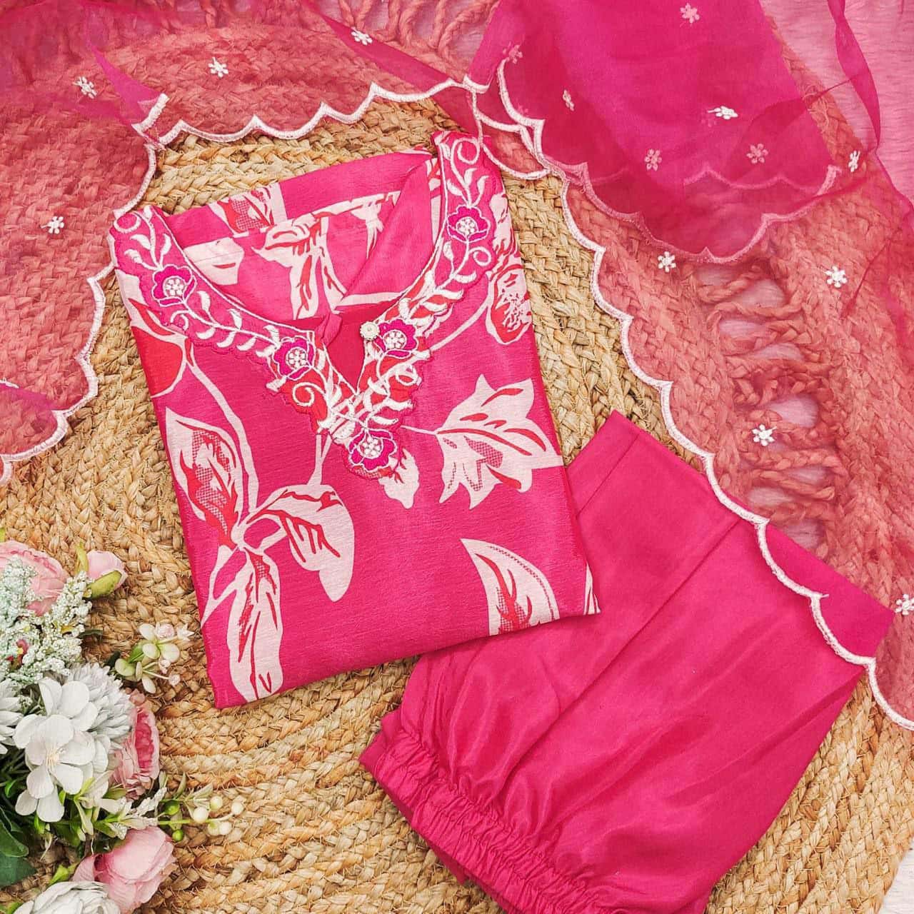 "Elegant Fuchsia Net Dress for Festive Occasions"
