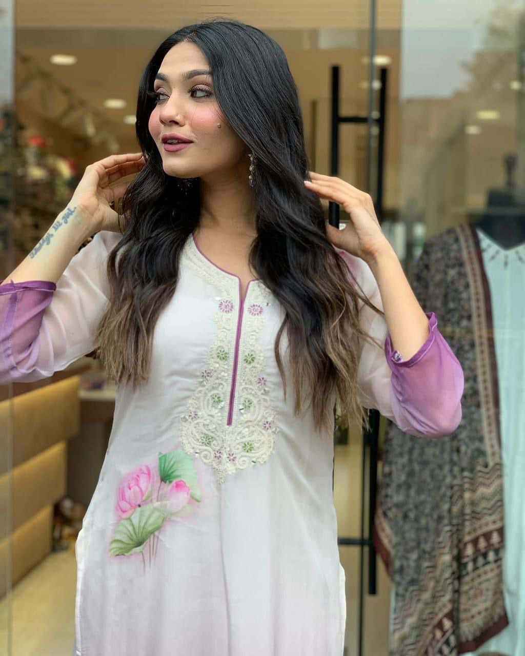 "Elegant Fuchsia Floral Kurta with Net Dupatta for Celebrations"