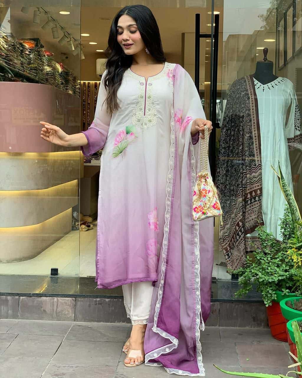 "Elegant Fuchsia Floral Kurta with Net Dupatta for Celebrations"