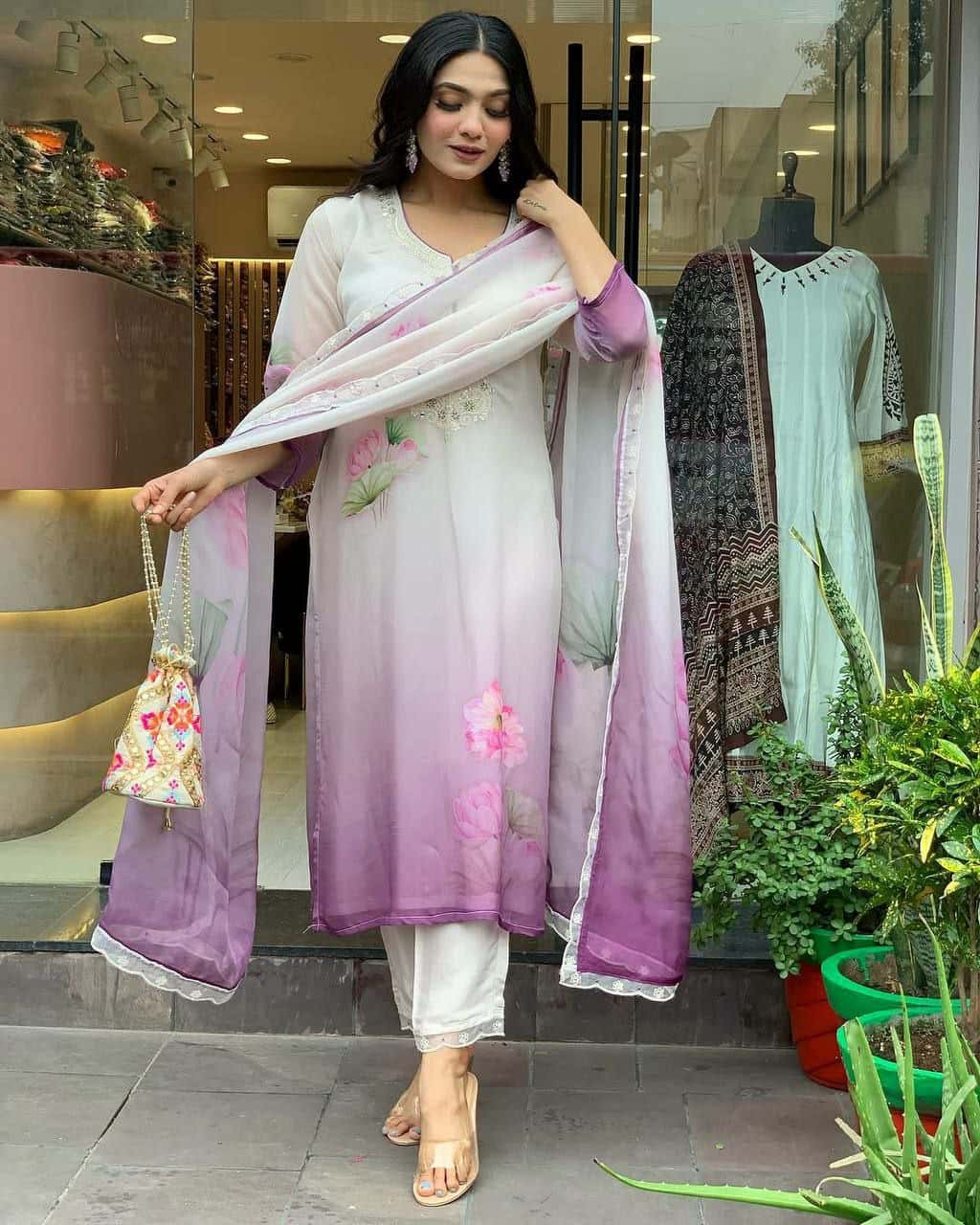 "Elegant Fuchsia Floral Kurta with Net Dupatta for Celebrations"