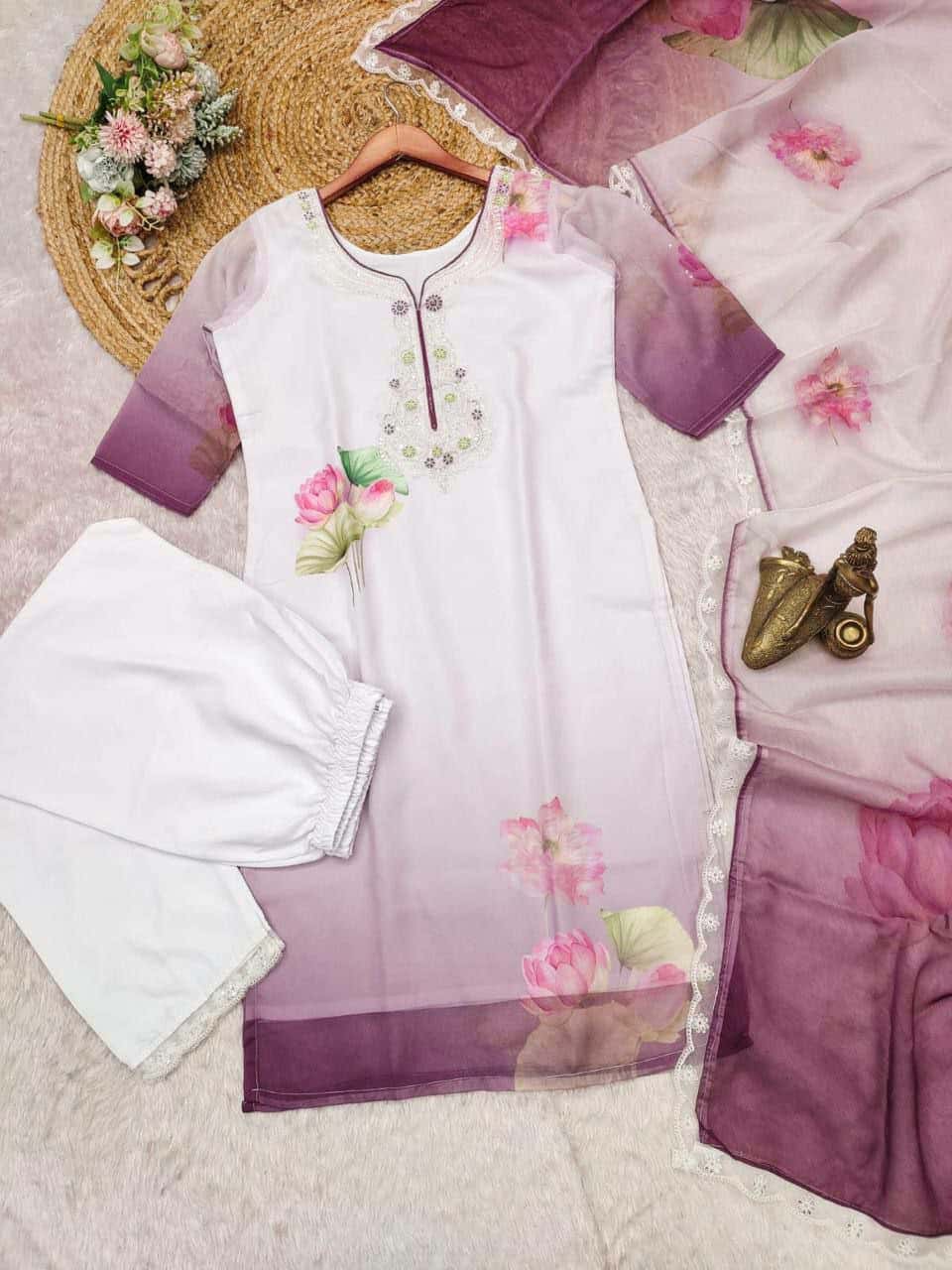 "Elegant Fuchsia Floral Kurta with Net Dupatta for Celebrations"