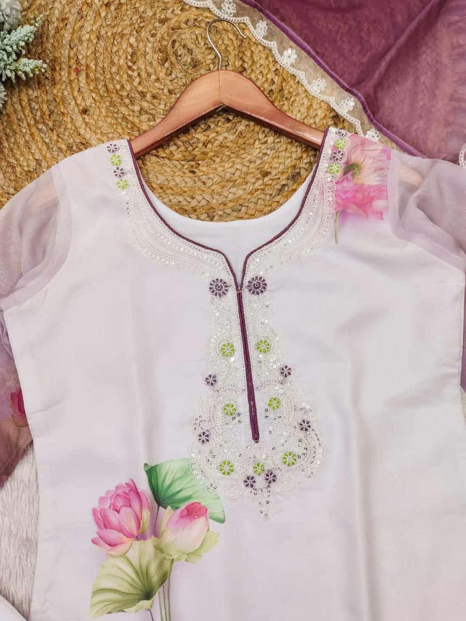 "Elegant Fuchsia Floral Kurta with Net Dupatta for Celebrations"