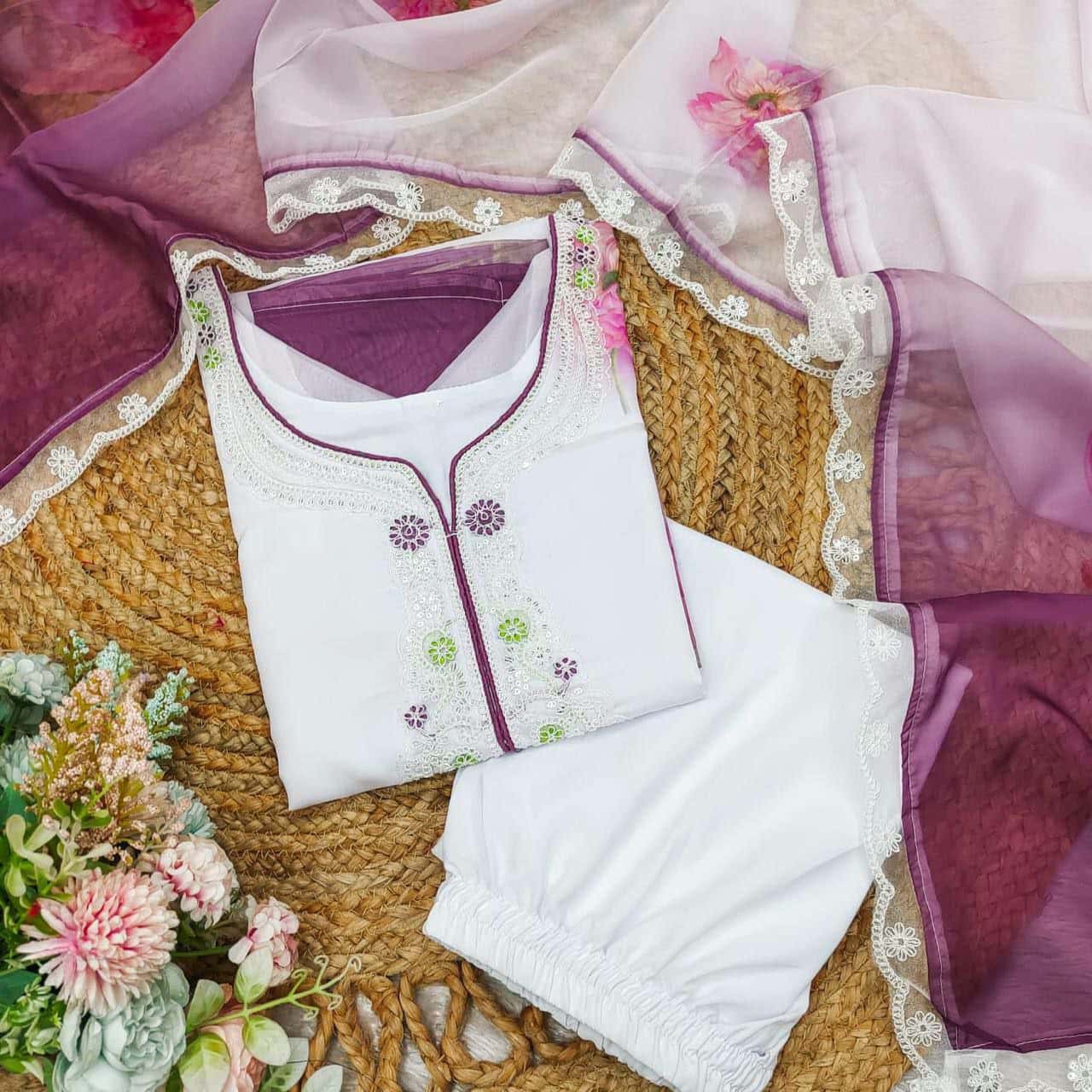 "Elegant Fuchsia Floral Kurta with Net Dupatta for Celebrations"