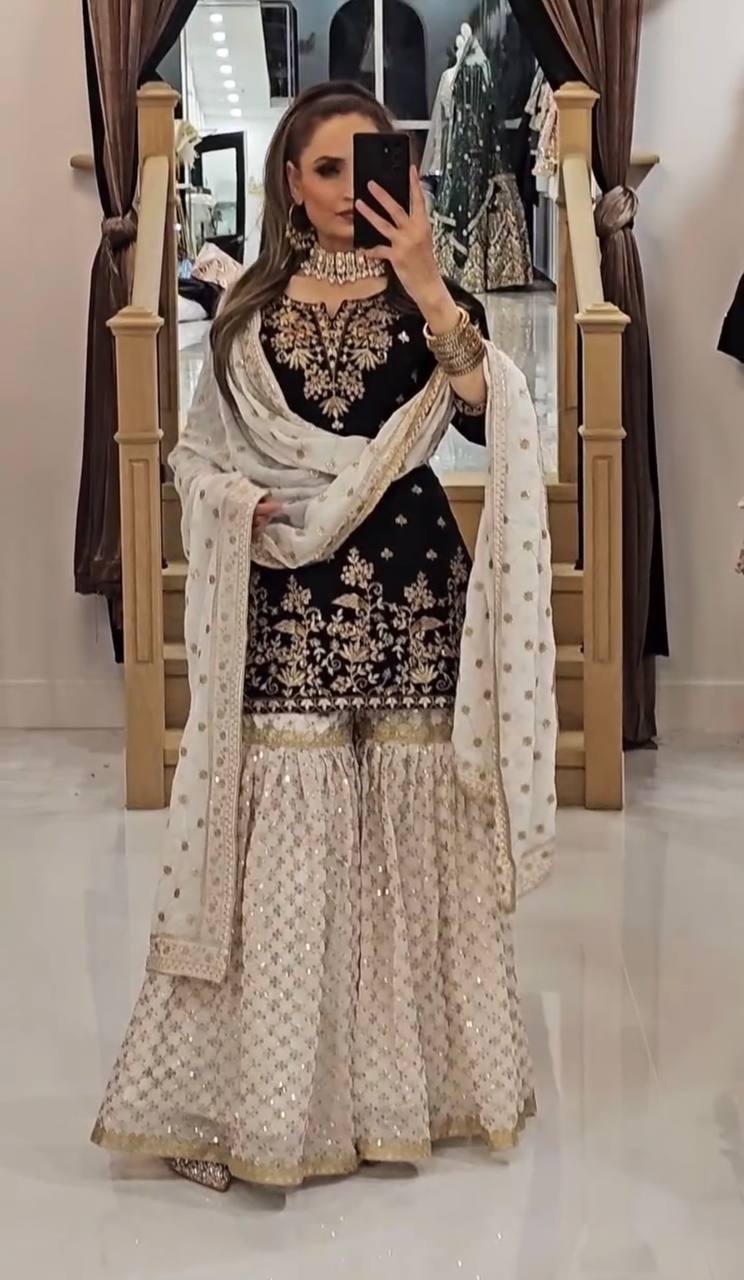 Heavy wedding wear georgette kurta sharara with dupatta sets