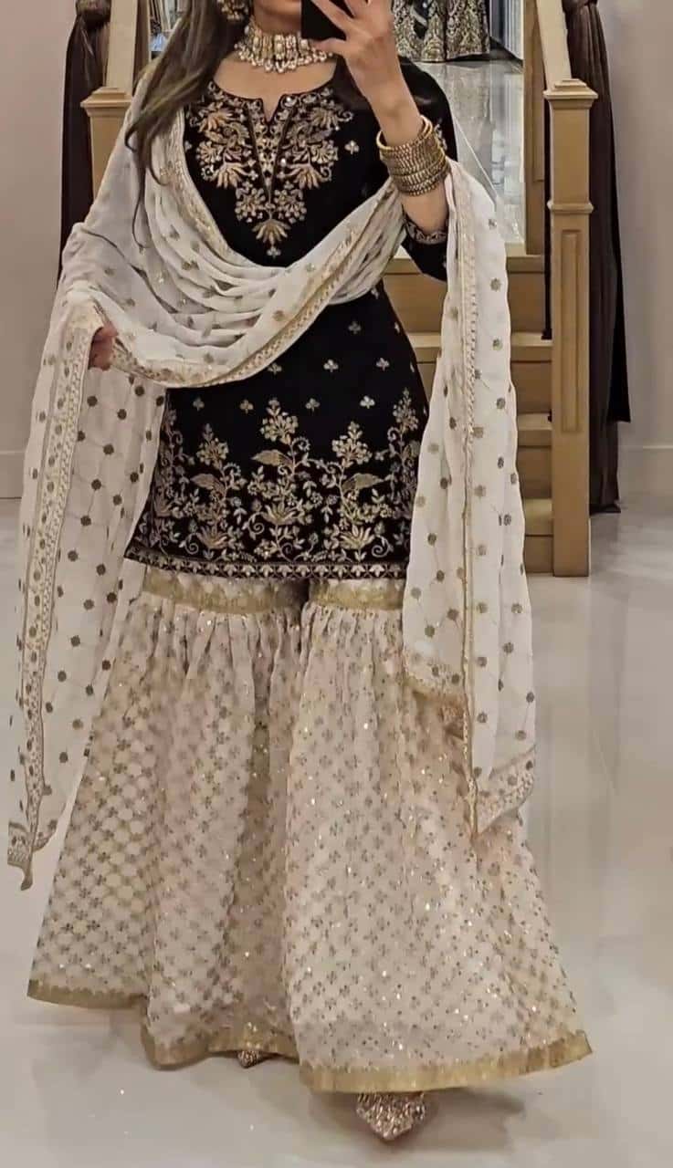 Elegant Embroidered Faux Georgette Top with Sharara Plazzo & Dupatta Set