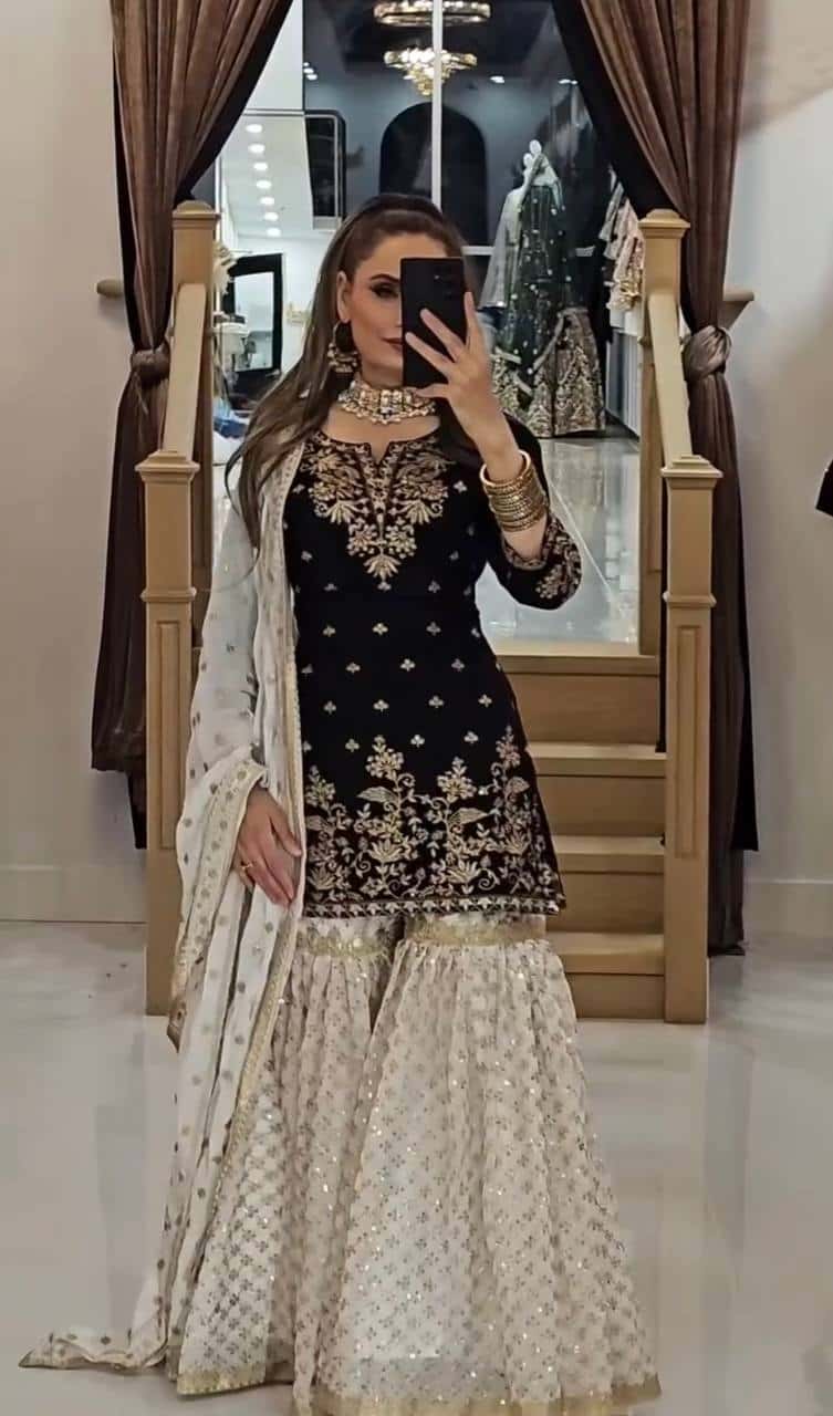 Elegant Embroidered Faux Georgette Top with Sharara Plazzo & Dupatta Set