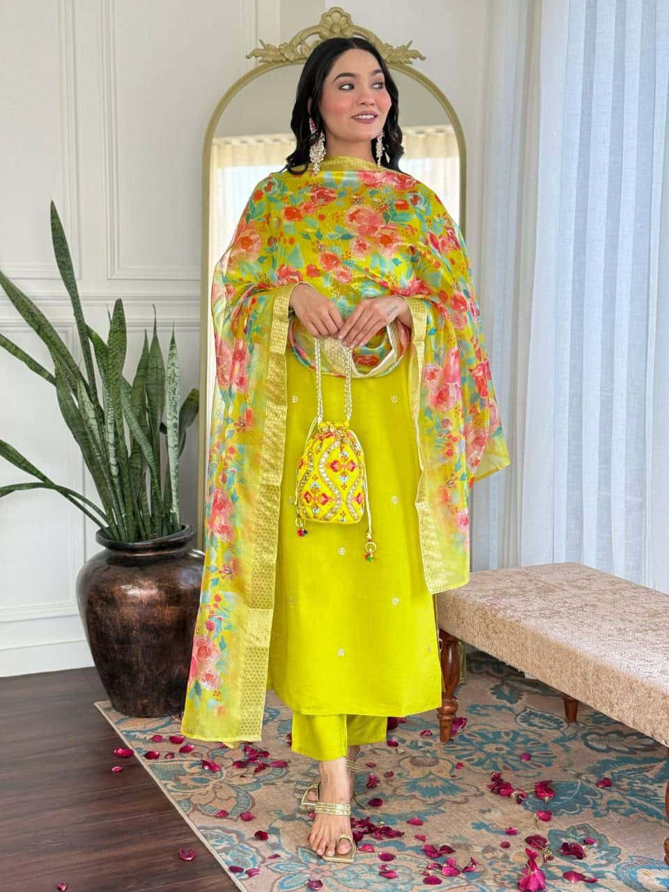 "Elegant Pure Viscose Chanderi Kurti Set with Sequence Embroidery & Jacquard Dupatta"