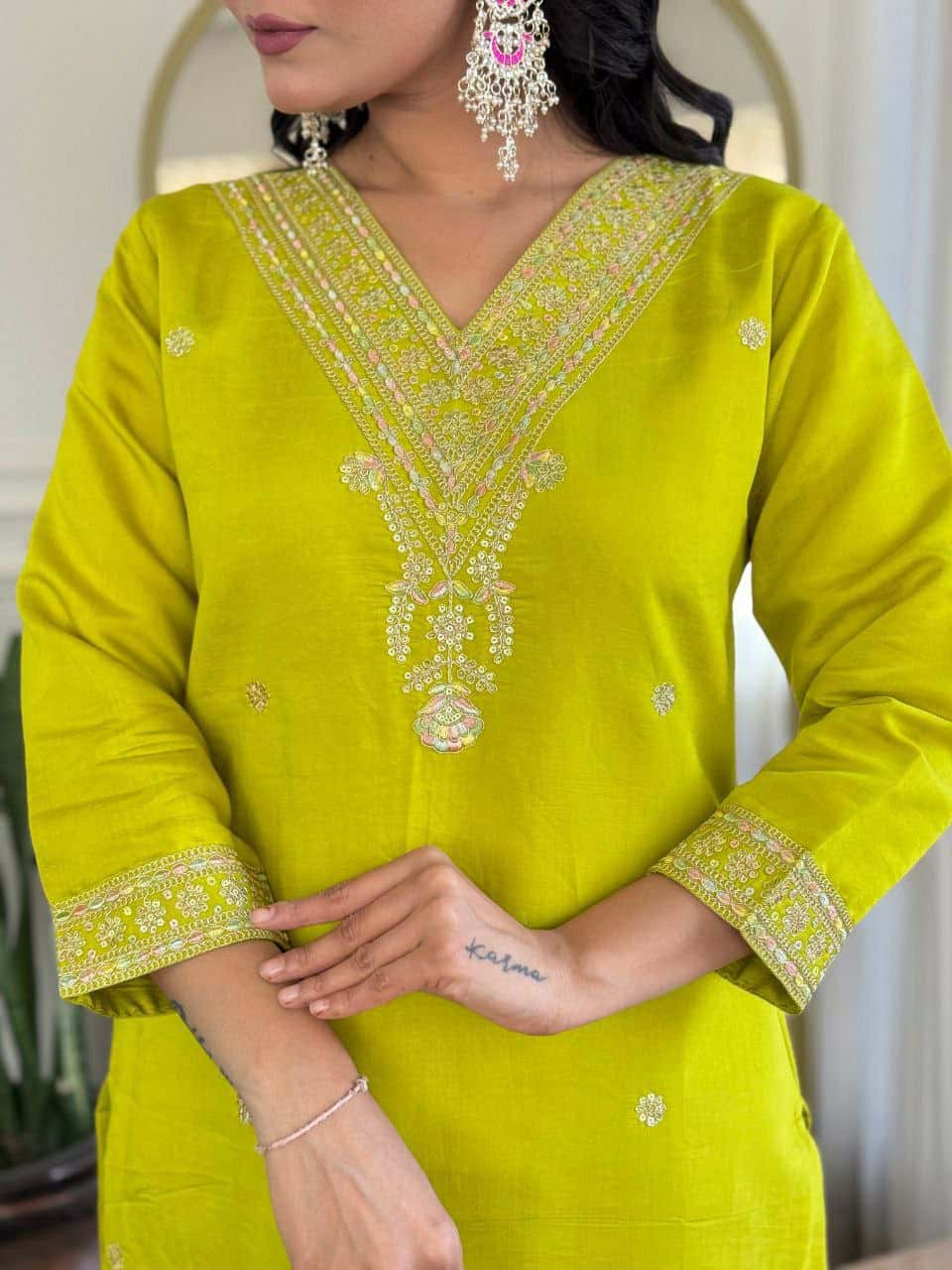"Elegant Pure Viscose Chanderi Kurti Set with Sequence Embroidery & Jacquard Dupatta"