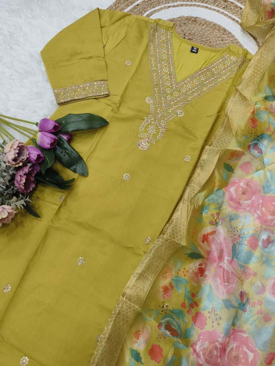 "Elegant Pure Viscose Chanderi Kurti Set with Sequence Embroidery & Jacquard Dupatta"