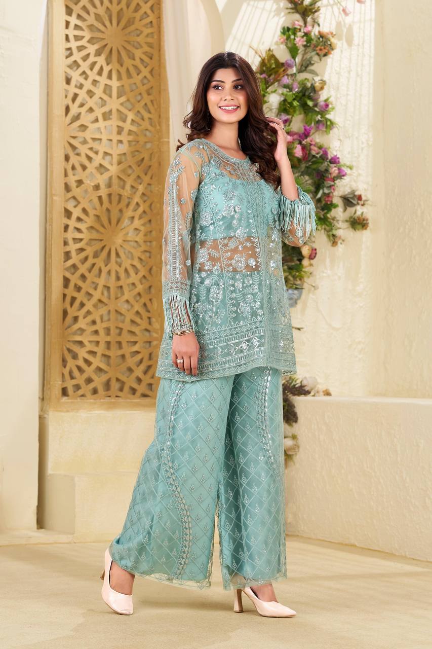 Designer Butterfly Net Top Palazzo Set with Blouse