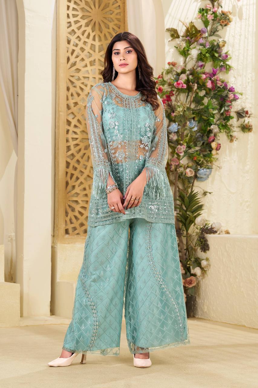 Designer Butterfly Net Top Palazzo Set with Blouse