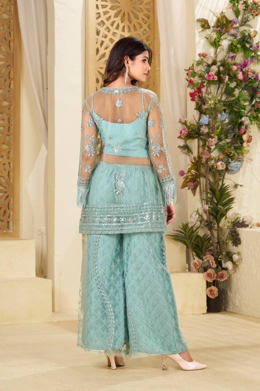 Designer Butterfly Net Top Palazzo Set with Blouse