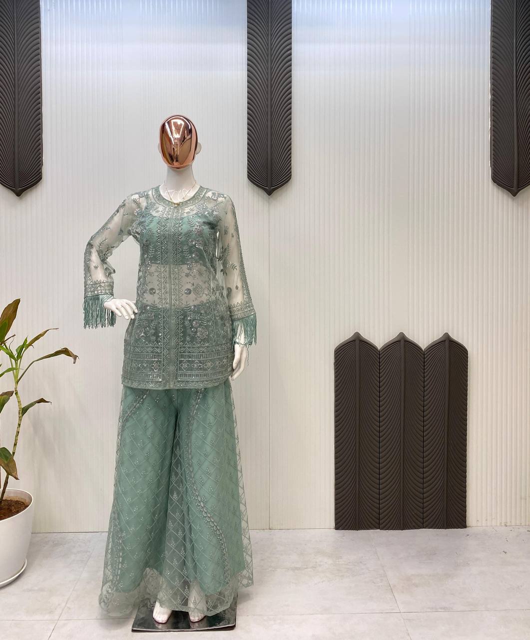 Designer Butterfly Net Top Palazzo Set with Blouse