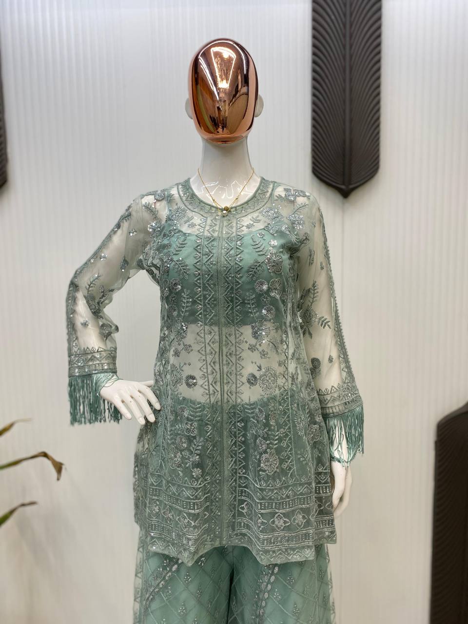 Designer Butterfly Net Top Palazzo Set with Blouse