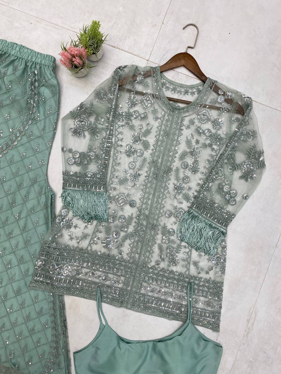 Designer Butterfly Net Top Palazzo Set with Blouse