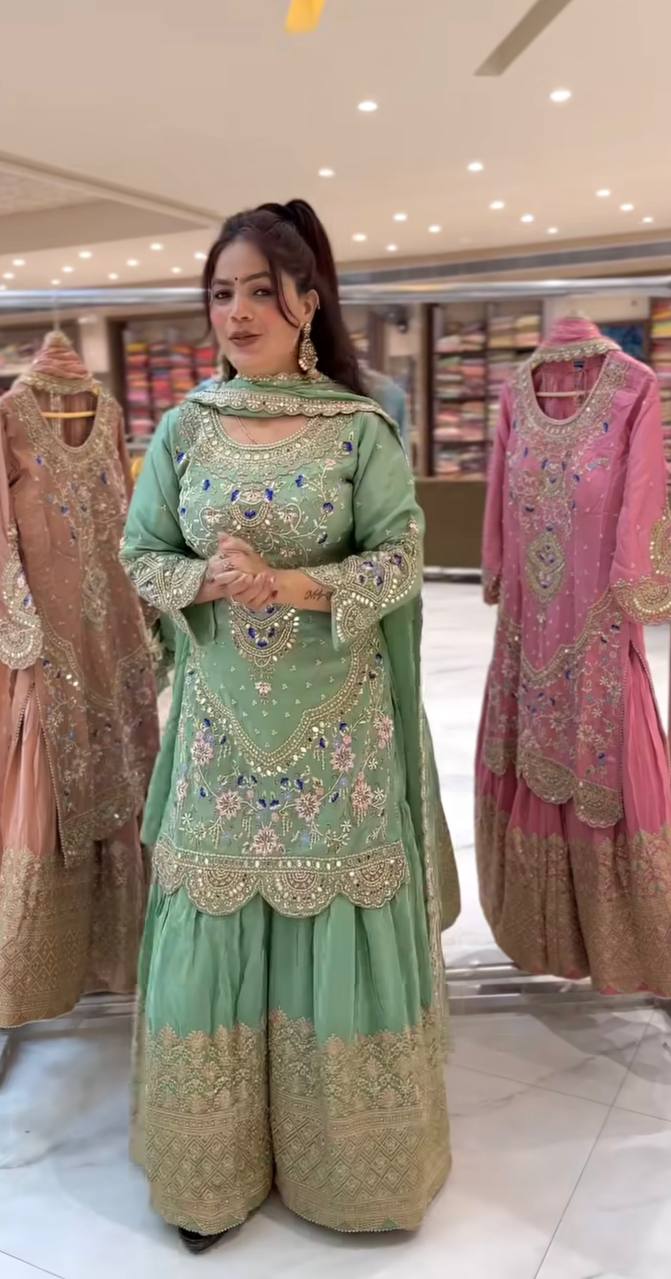Natural crepe silk kurta sharara with dupatta sets