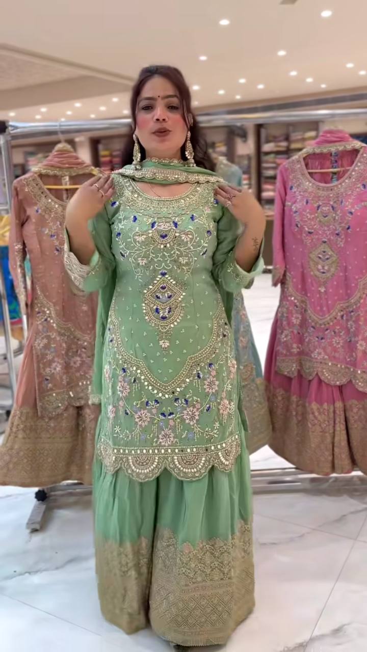 Natural crepe silk kurta sharara with dupatta sets