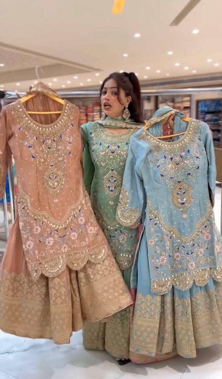 Natural crepe silk kurta sharara with dupatta sets