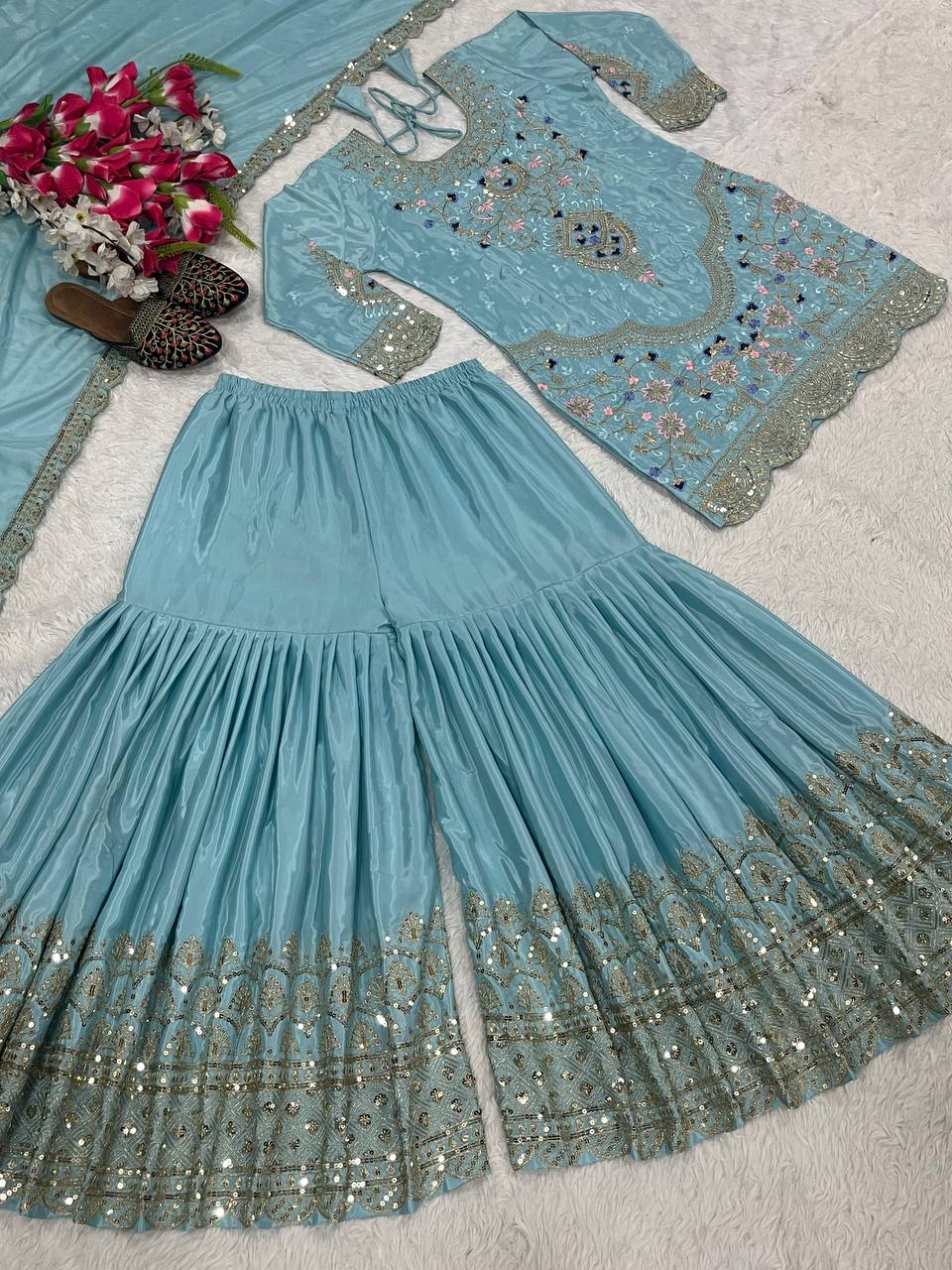 Natural crepe silk kurta sharara with dupatta sets