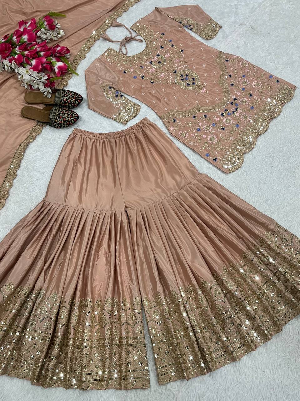 Natural crepe silk kurta sharara with dupatta sets