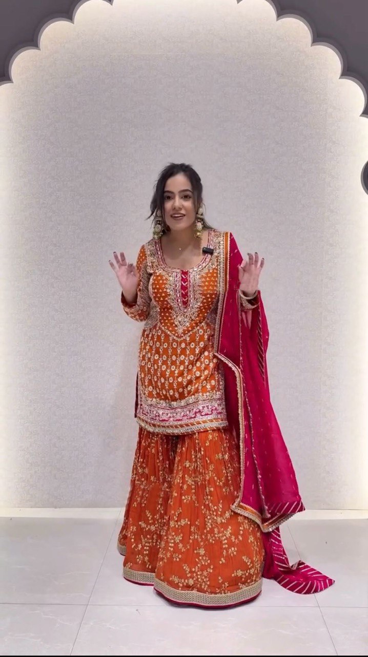 Handmade embroidered georgette kurta sharara with dupatta sets